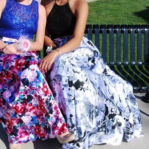 2 piece black and white floral prom dress